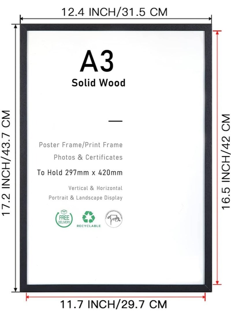 Arabest Set of 2 Certificate Picture Frame, Oak Wood Picture Frame with Mount, A3 Poster Frame with Plexi Glass for Wall Mounting Display, 29.7x42 cm (Black) - Image 3